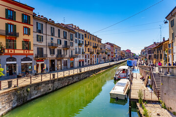 Naviglio Grande canal in Milan city, Italy, a popular tourist area