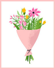 Valentine's day card. Greeting card with flowers. Flat postcard in handmade graphics
