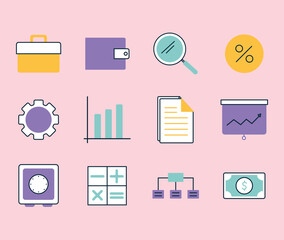 set of businees icons on a ligth pink background