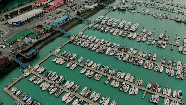 The slips are packed at the marina in Resurrection Bay Alaska at Seward