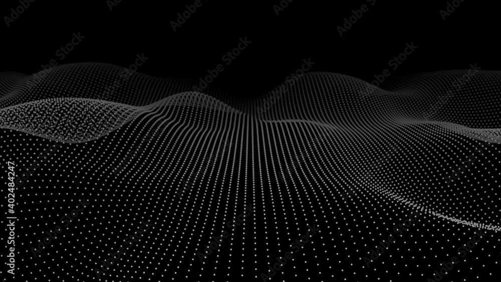 Poster abstract gradient dynamic wave of glowing particles. network of neon dots. big data. digital backgro