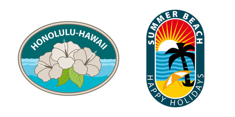 Autocollant, étiquette ou badge en souvenir de vacances paradisiaque à la mer.