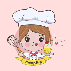 Woman cute chef is cooking character. Hand drawn vector illustration.