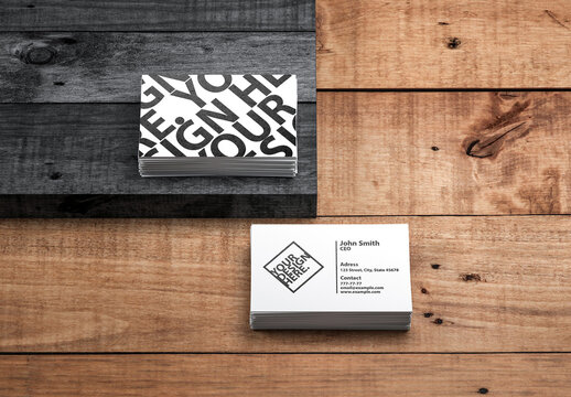 2 Stacks of Business Cards Mockup on Wooden Background