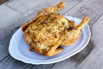 Whole Roasted Chicken on Lavender Serving Platter, Left View
