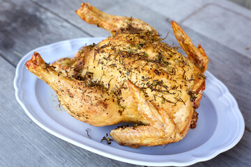 Whole Roasted Chicken on Lavender Serving Platter, Right View
