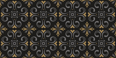 Decorative floral pattern in gold and gray colors on a black background. Seamless wallpaper texture