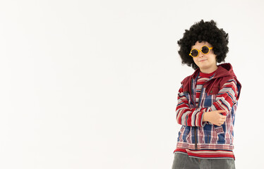 cheerful boy with afro hair, portrait of a boy with Lennon glasses, sunglasses, white background positive emotions, dancer, hip hop, old school,