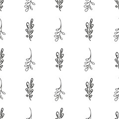 Obraz premium Doodle simple vector seamless pattern of hand-drawn leaves. Seamless pattern of hand-drawn branches. Big floral botanical set. Isolated on white background.