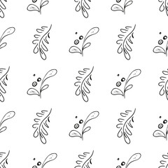 Doodle simple vector seamless pattern of hand-drawn leaves. Seamless pattern of hand-drawn branches. Big floral botanical set. Isolated on white background.