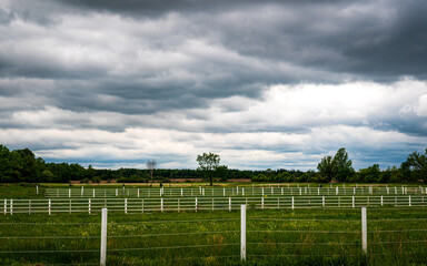 Fototapeta premium clouds over the field with parallel fences