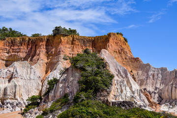 Fototapeta na wymiar Falésia no litoral de Trancoso na Bahia. Formação rochosa de praia 