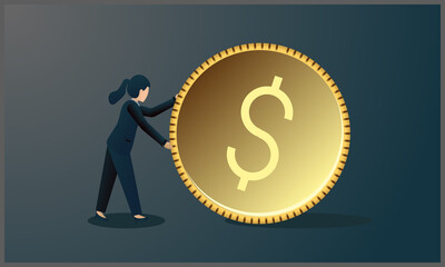 flat vector illustration of business woman carrying coins, with blue gradient