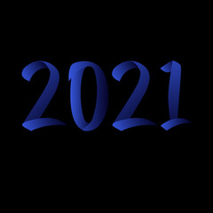 Happy New Year 2021 with blue color isolated on black background