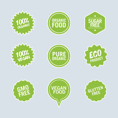 Collection of vector illustrations of organic food stickers. Suitable for design elements from healthy food packaging labels, vegetarian food stamp, and natural pure product information banner.