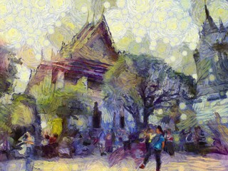 Landscape of Wat Pho in Bangkok Illustrations creates an impressionist style of painting.