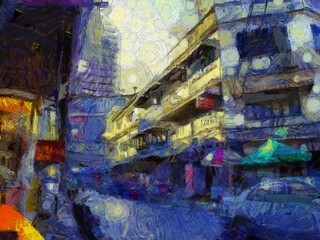 Landscape of Bangkok city streets Illustrations creates an impressionist style of painting.