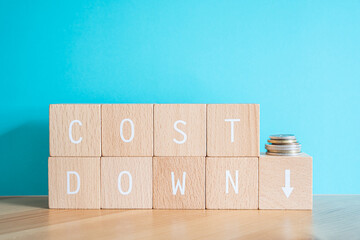 COST DOWN; 9個の積み木ブロックで作ったCOST DOWNの概念とたくさんのコイン（お金）