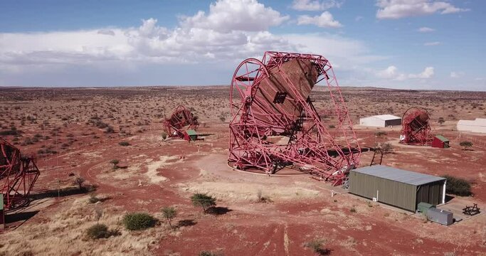 4K aerial video of HESS telescopes site in central highland of Namib Desert in Namibia, southern Africa