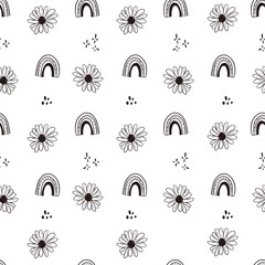 Rainbow and flower monochrome seamless pattern vector design illustration