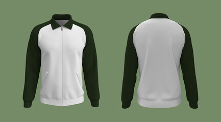 Harrington raglan jacket mockup front, and back views, 3d illustration, 3d rendering