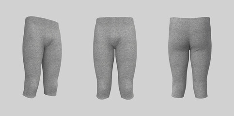 Blank leggings mockup, front, back and side views. Sweatpants. 3d rendering, 3d illustration.