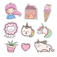 Set of cute cat and unicorn sticker pink set collection. Ice cream vector illustration.