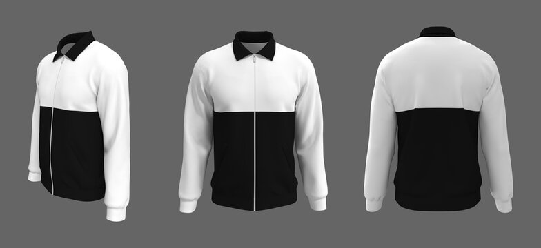 Harrington colorblock jacket mockup front, side and back views, 3d illustration, 3d rendering