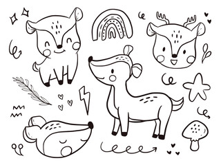 Set of cute deer doodle cartoon for kids coloring and print.