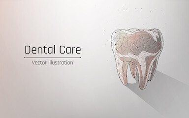 tooth in wireframe style. Dental care, dental clinic, dental medicine concept. Dentist white toothpaste, teeth freshness symbol. beautiful smile,  mouthwash. plexus. vector illustration, dot, low poly © Evhen Pylypchuk