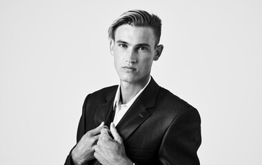 Handsome guy in classic suit hairstyle black and white photograph cropped view Copy Space