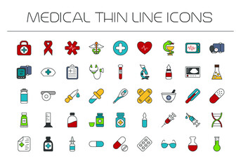Medical thin line icons set. Medicine, first aid, ambulance, health  care, hospital, emergency, doctor, therapy, pharmacy. Vector illustration.