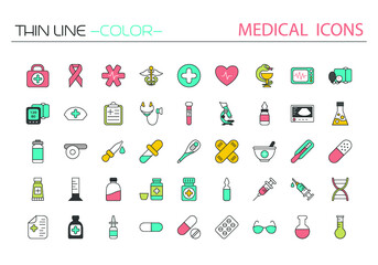 Fototapeta na wymiar Medical thin line icons set. Medicine, first aid, ambulance, health care, hospital, emergency, doctor, therapy, pharmacy. Vector illustration.