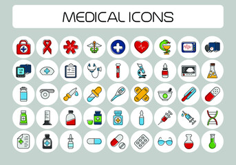Medical thin line icons set. Medicine, first aid, ambulance, health  care, hospital, emergency, doctor, therapy, pharmacy. Vector illustration.