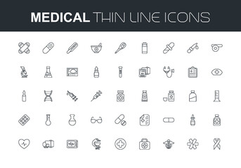 Medical thin line icons set. Medicine, first aid, ambulance, health  care, hospital, emergency, doctor, therapy, pharmacy. Vector illustration.