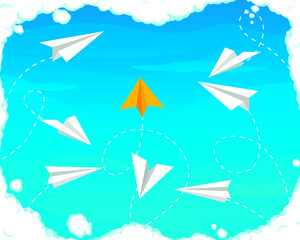 Paper airplane concept on blue sky. Vector illustration
