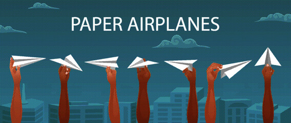 Hand holding paper airplanes. Vector illustration