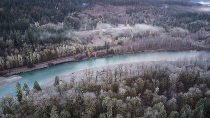 Aerial view captured by drone of the Skagit River in Washington State