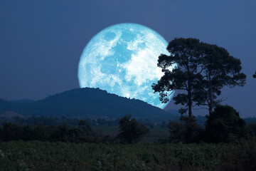 Fototapeta na wymiar Super harvest blue moon silhouette mountain and the field on night sky