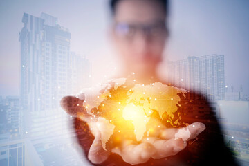 Businessman holding global network and data exchanges over the world 3D rendering