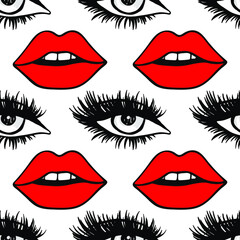 eyes and red lips seamless pattern. Good for textile and paper print, card, poster, another design. Unusual abstract vector illustration. Vector fashion sketch. Hand drawn graphic kiss, red lip.