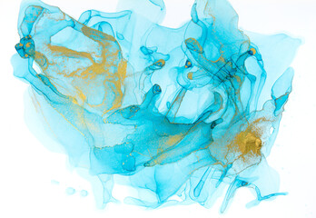 Blue watercolor figure with gold layers on white background. Abstract art illustration.