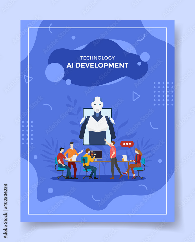 Poster technology ai development people engineer meeting working together front monitor robot in display fo