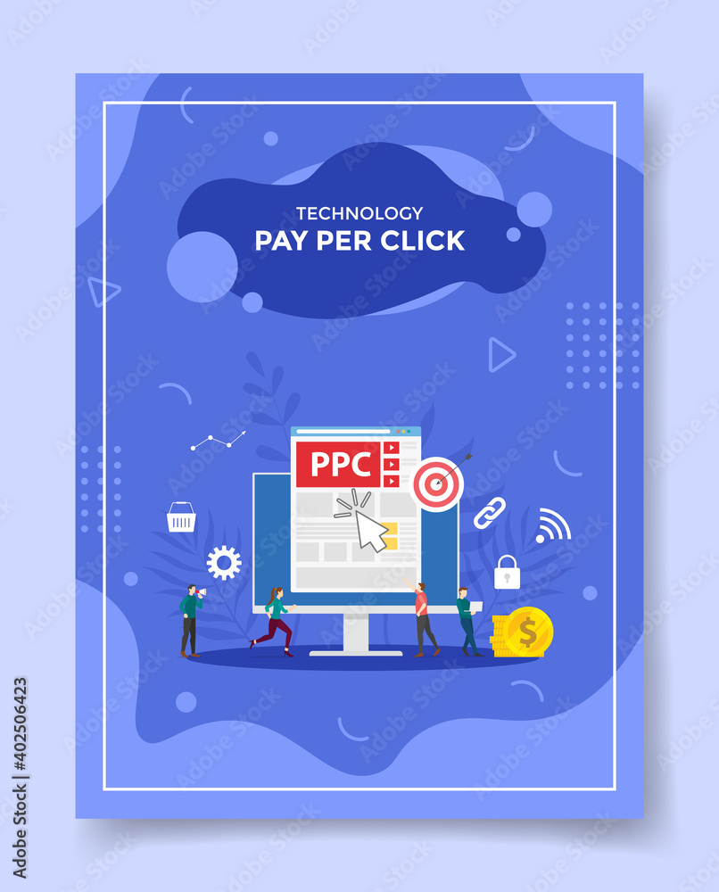 Aufkleber pay per click people front big computer ppc ui on display around coin dollar currency or template of