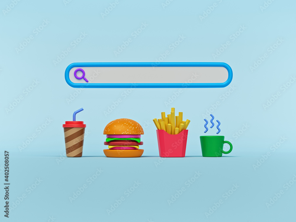 Wall mural blank search bar with food items. order food online concept. minimal background. 3d rendering