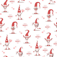 Seamless cute pattern with scandinavian gnomes. Happy Valentines day. Vector illustration in flat cartoon style. Nordic design for postcard, print, textile, wrapping paper, poster, wallpaper.
