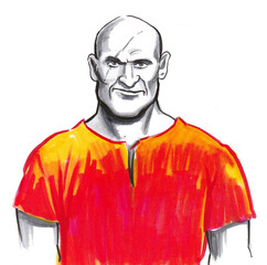 Mad looking prisoner in orange suit. Ink and watercolor drawing
