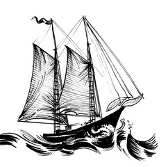 Sailing boat in the sea. Ink black and white drawing