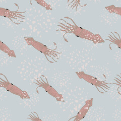 Random seamless seafood pattern with doodle squid silhouettes. Pale blue background.