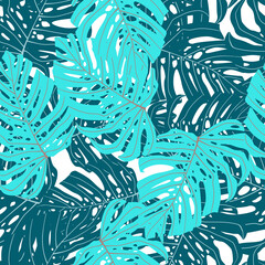 Isolated seamless pattern with doodle palm exotic monstera leaf ornament. Blue colored foliage print.